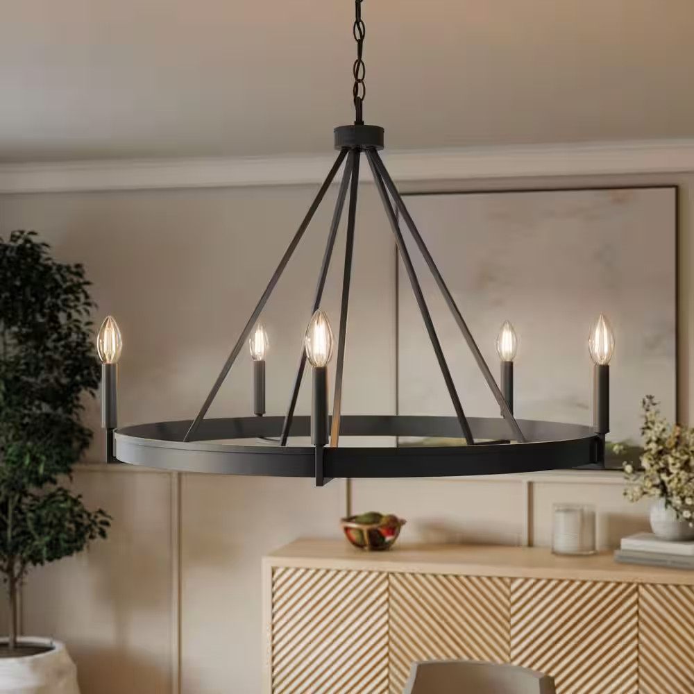 Aleswith Collection 32 in. 5-Light Matte Black Rustic Modern Chandelier for gallery