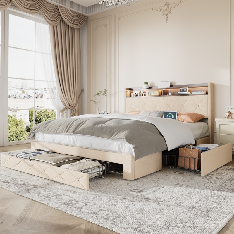 Full Queen Size Bed Frame with 4 Storage Drawers Wood Platform Velvet Headboard gallery