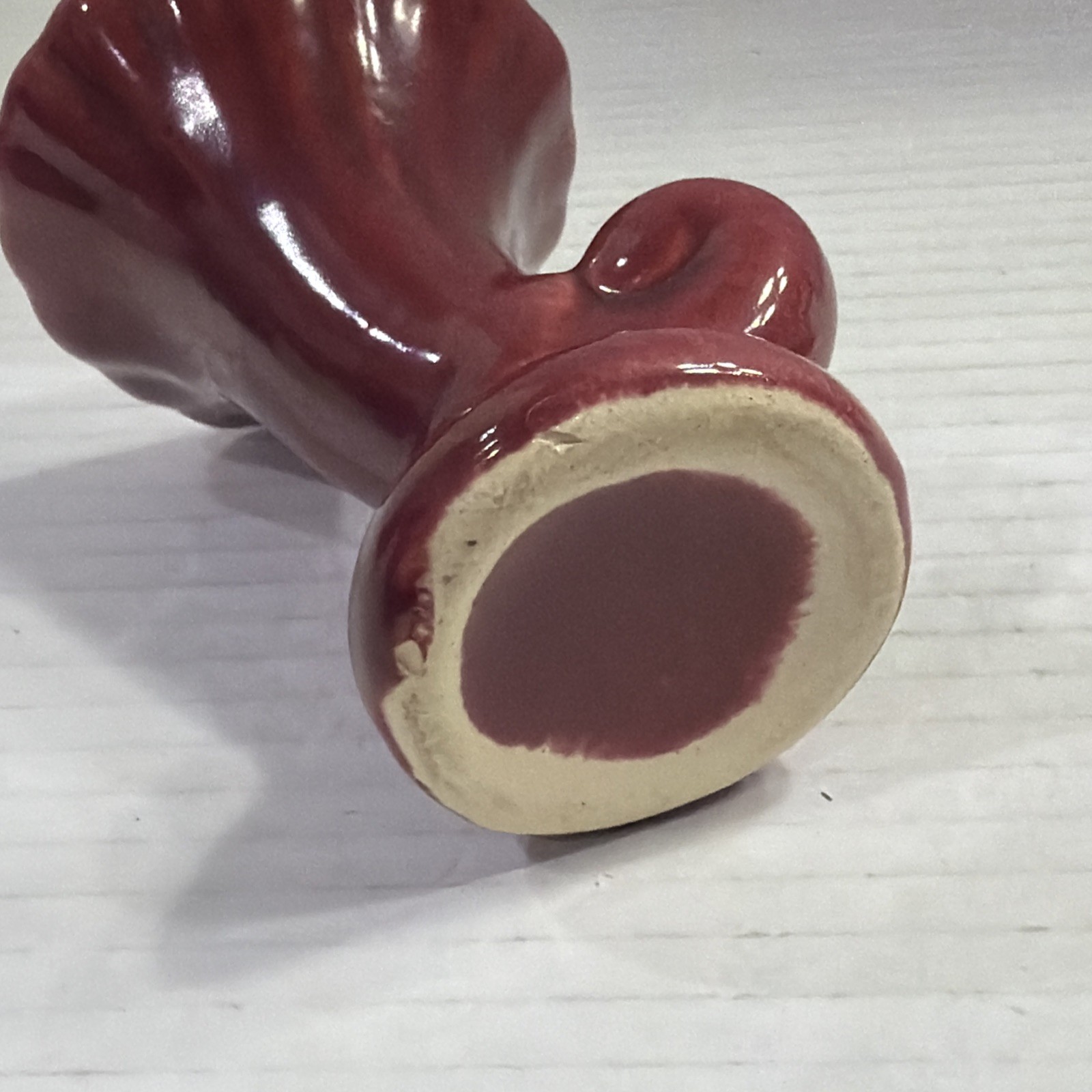 McCoy Cornucopia Mini Vase Ceramic Pottery Horn Footed Fluted Maroon USA Vintage gallery
