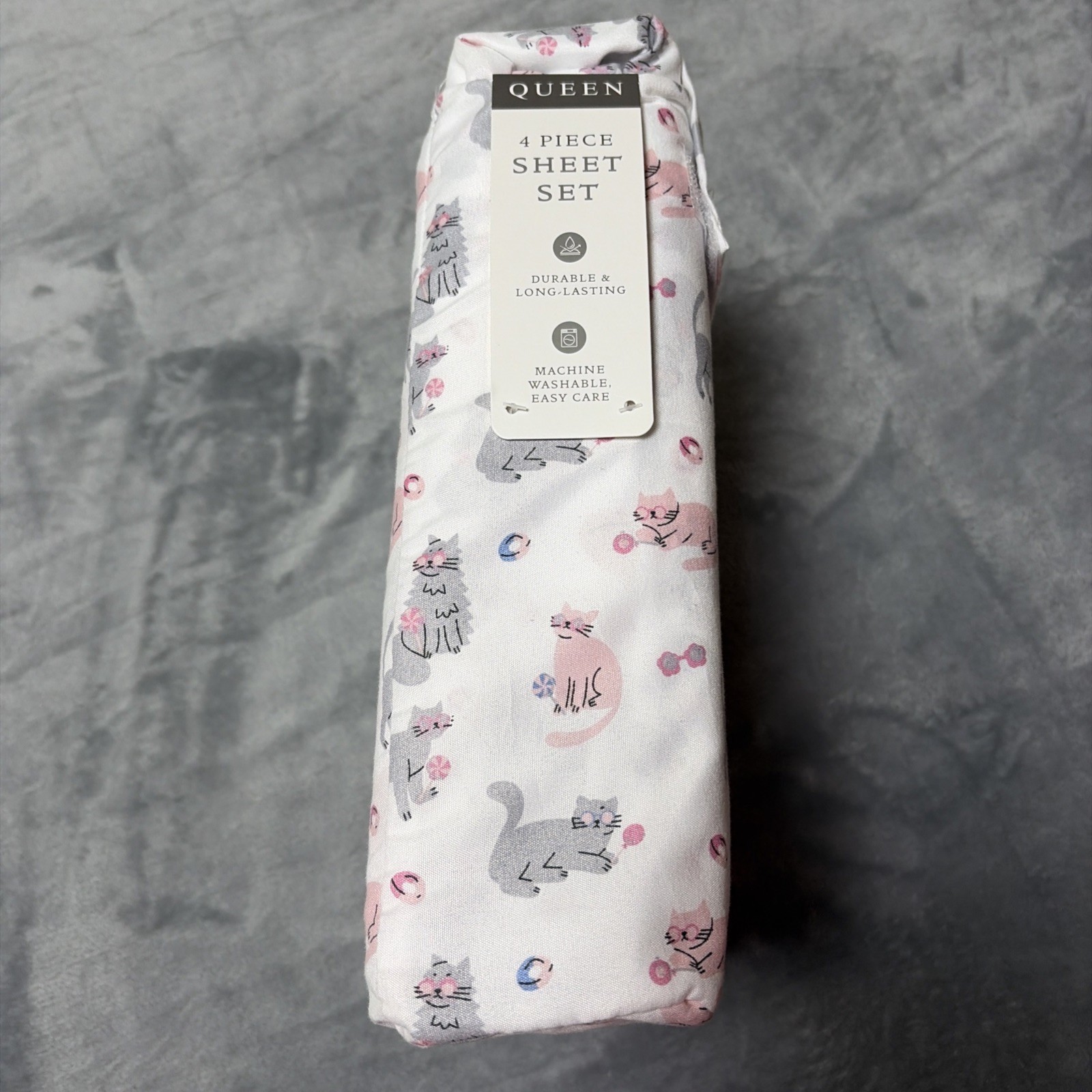 Four Piece White Full Sheet Set,Pink Gray Kitty Cat Print ,New Mandarin Home gallery