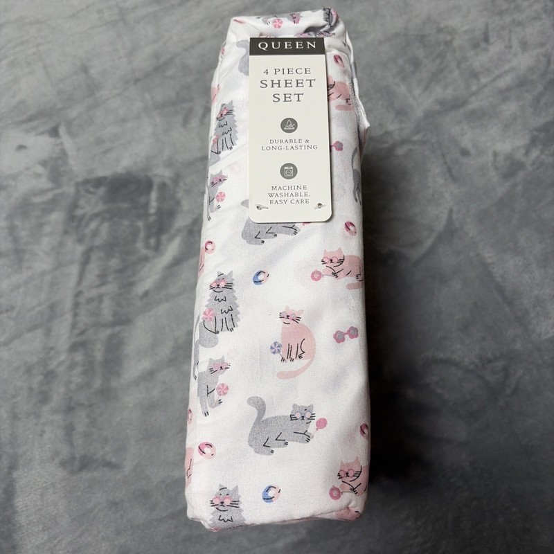 Four Piece White Full Sheet Set,Pink Gray Kitty Cat Print ,New Mandarin Home gallery