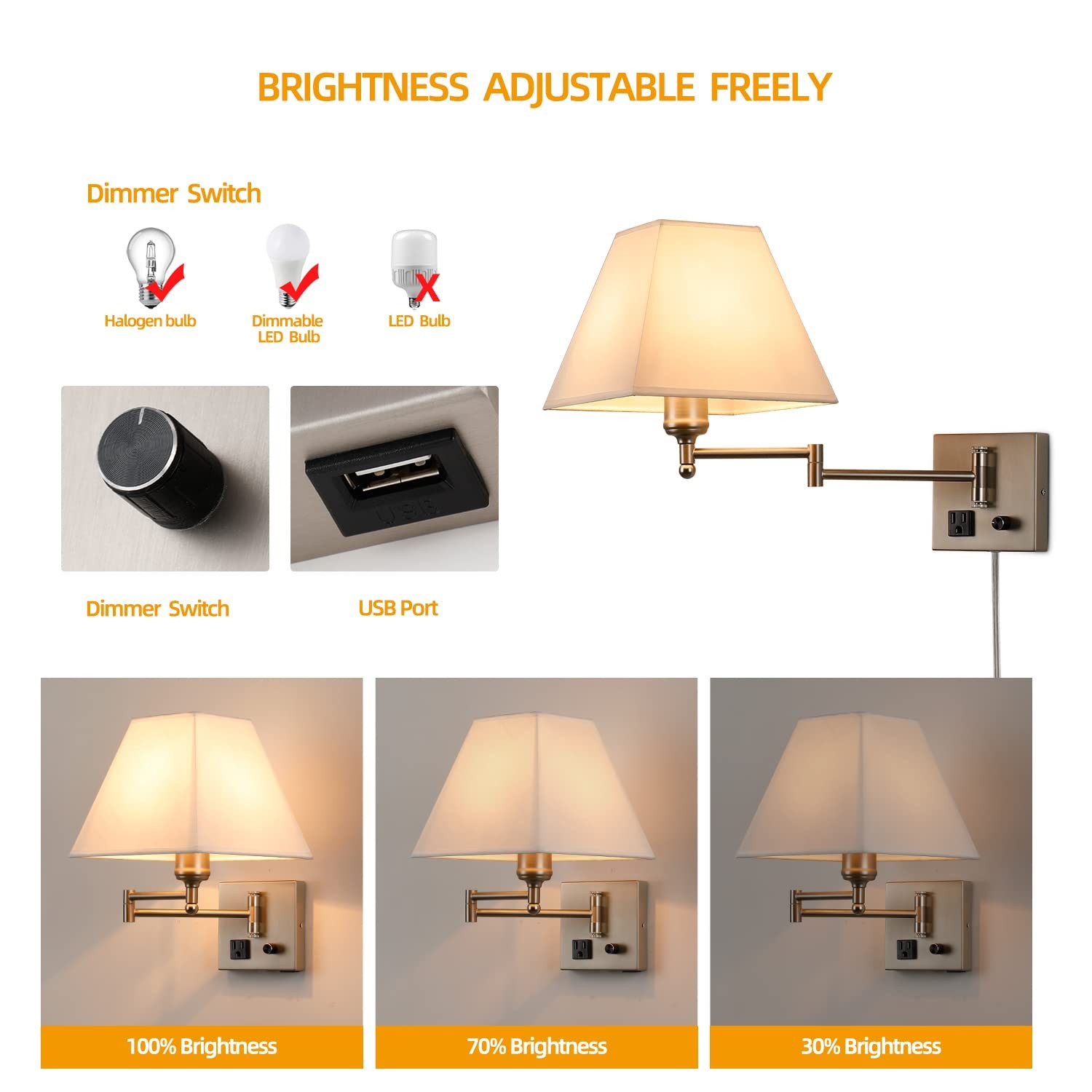 Plug in Wall Light,Swing Arm Wall Sconces with USB Port and Outlet,Wall Lamp ... gallery