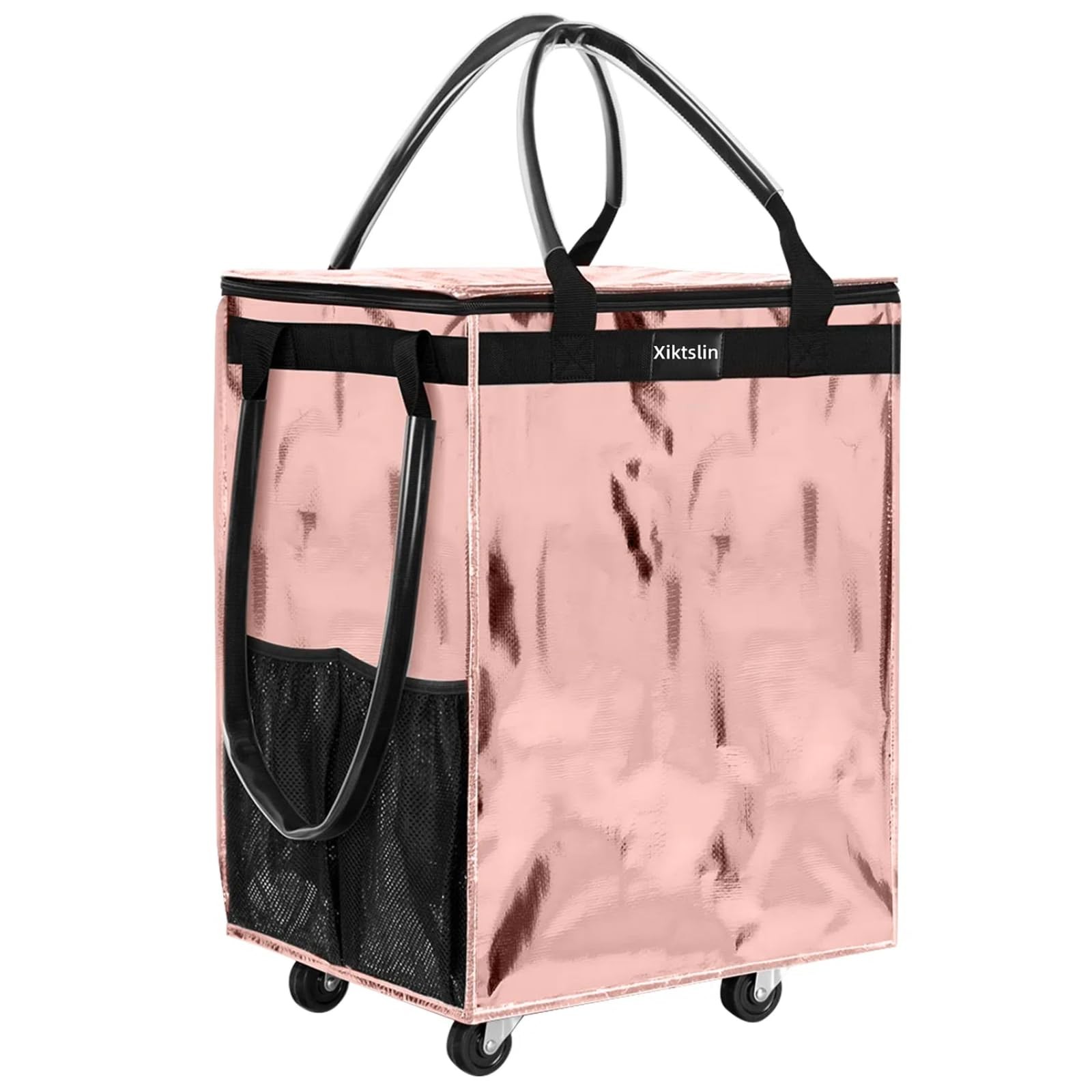 (Medium, Rose Gold) Reusable Grocery Bag on Wheels, Foldable Rolling Tote Carrie gallery