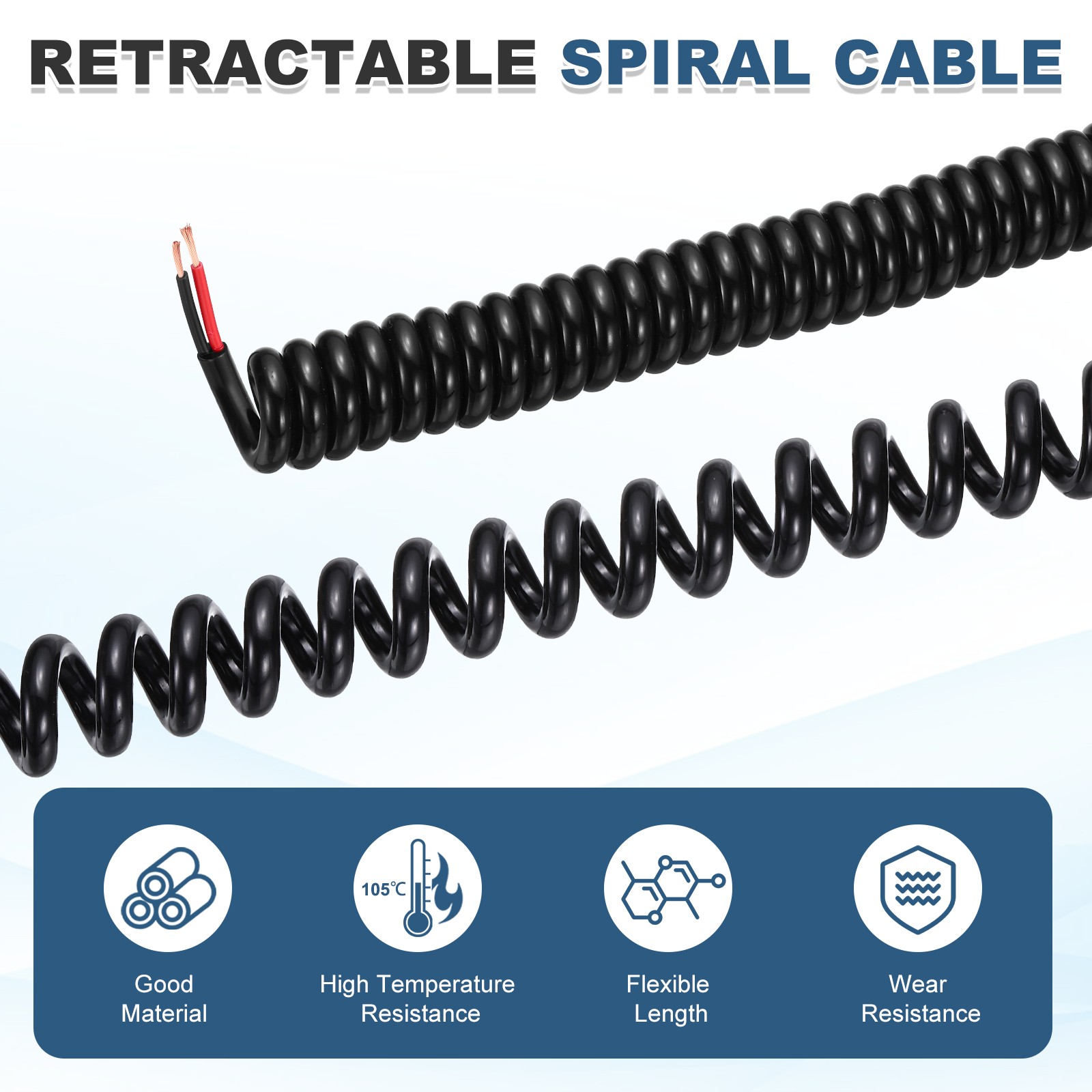 5ft Retractable Coiled Coil Cord, 2 Conductor 24AWG Spiral Power Cord Cable gallery