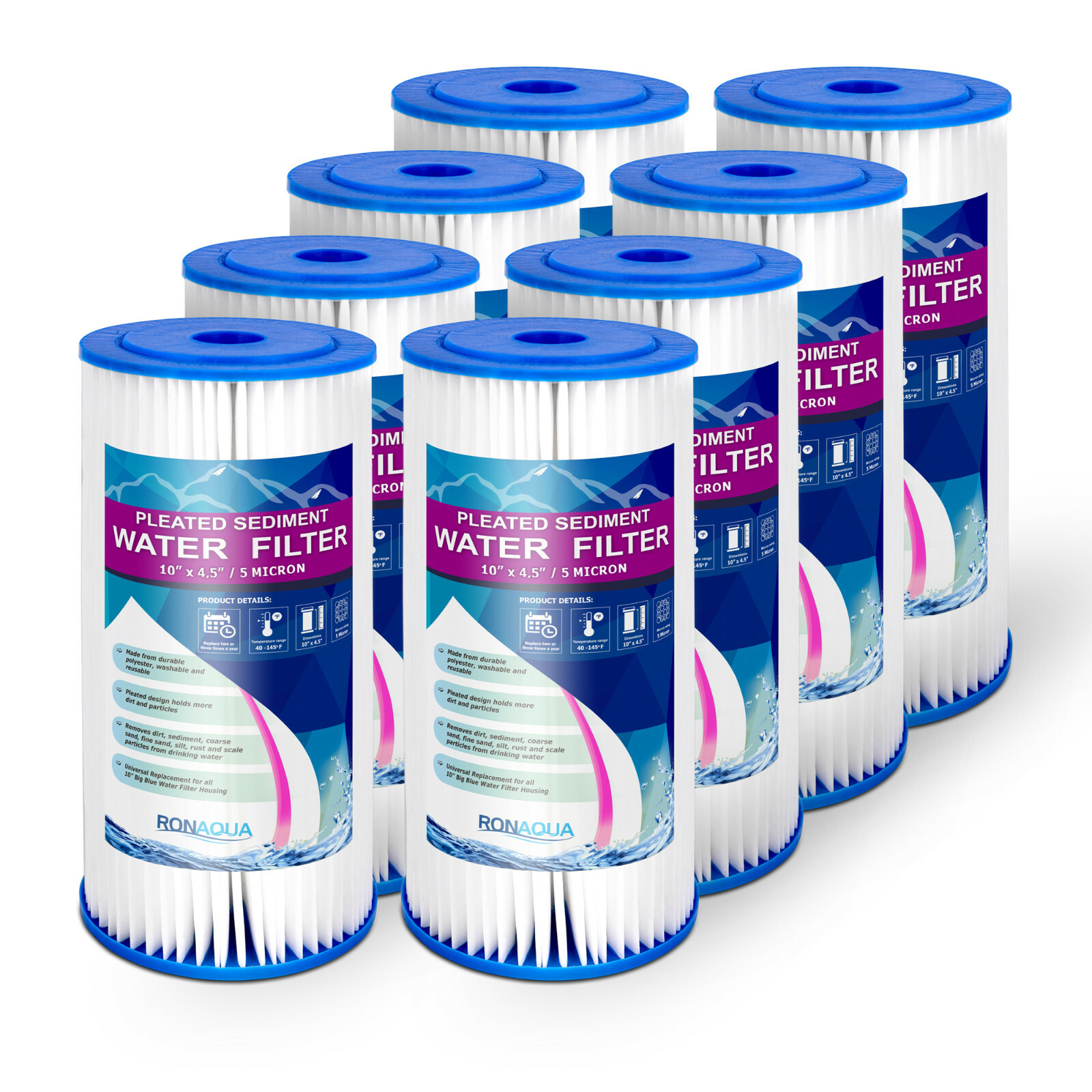 8 Big Blue Pleated Washable (5 Micron) Sediment Filters 4.5” x 10” gallery