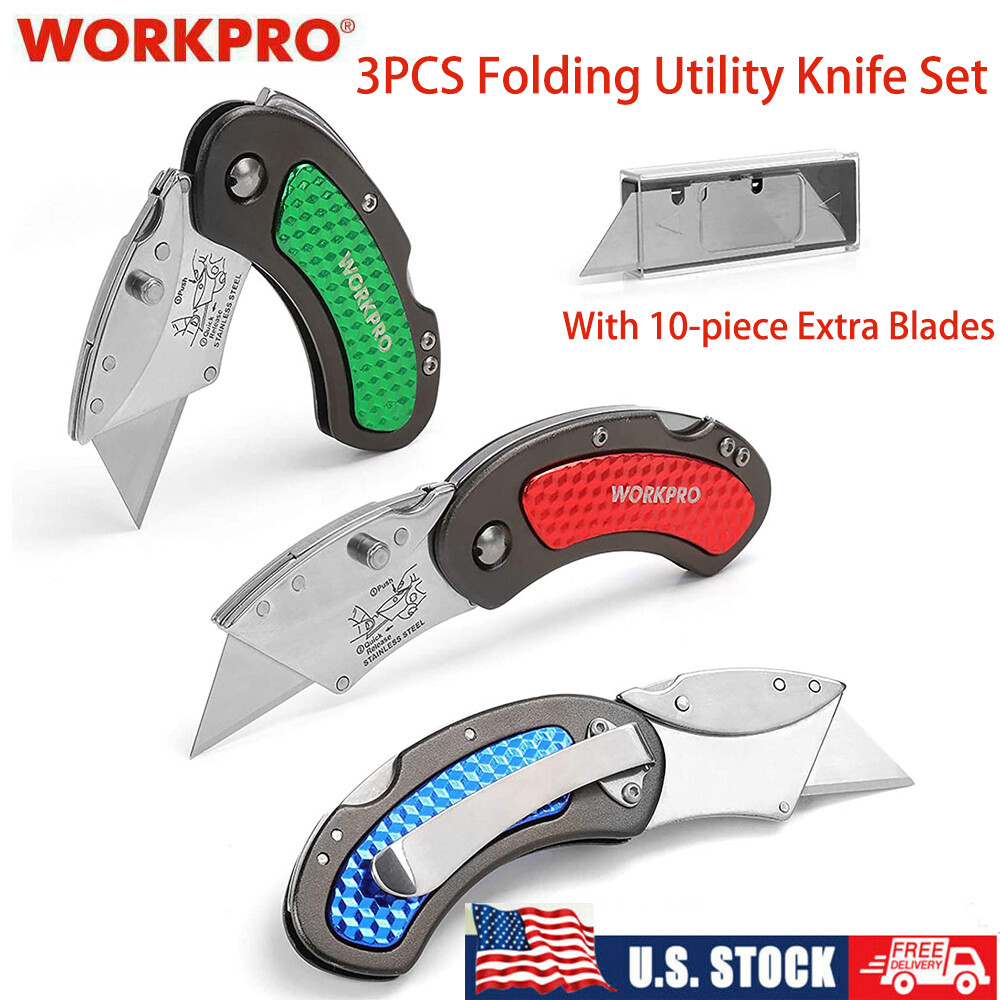 WORKPRO 3PCS Folding Utility Knife Set Quick Change Blade W/10PCS Extra Blades gallery