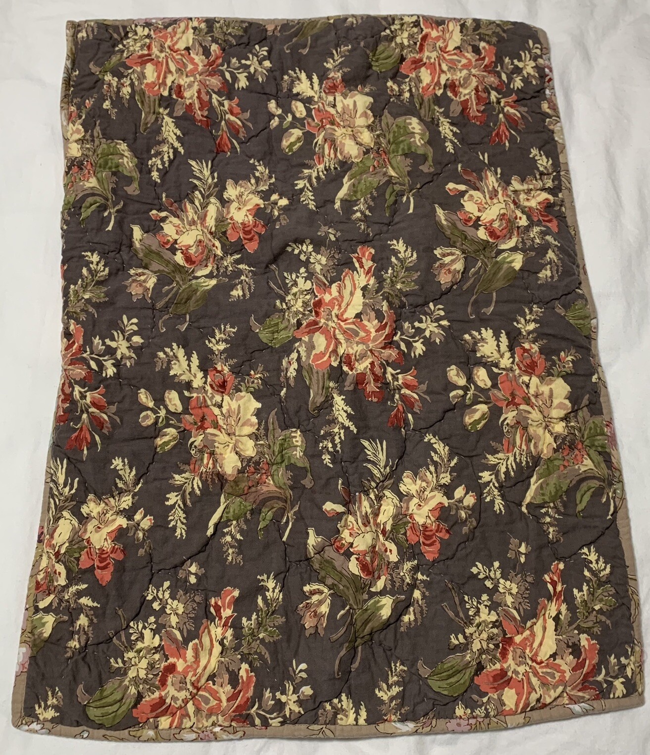 One Single Pottery Barn Pillow Sham Standard Floral Striped Brown Quilted Ties gallery