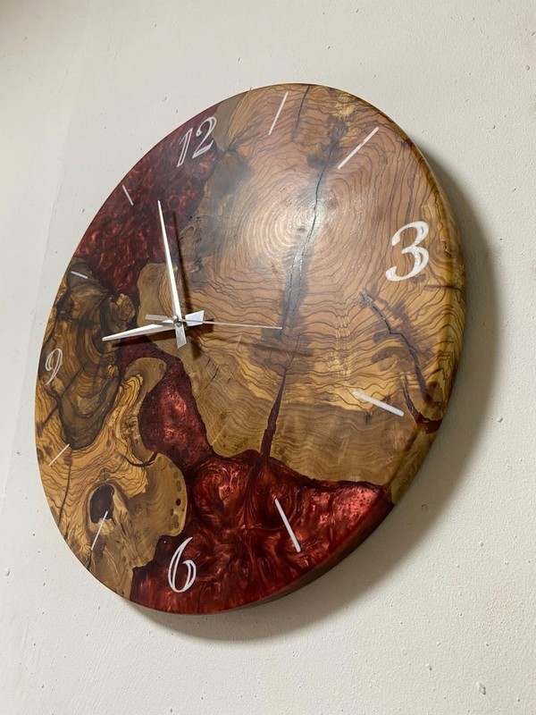 Handcrafted Wood Wall Clock Unique Rustic Decor Red Epoxy Designer hanging decor gallery