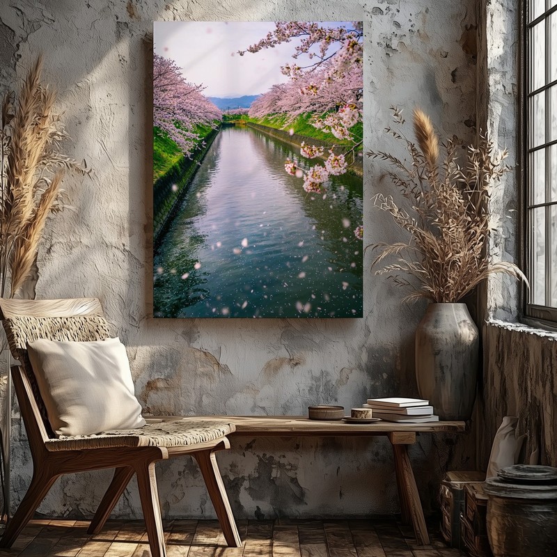 Serene Landscape Featuring A Tranquil River Bordered By Lush Greenery Wall Art gallery