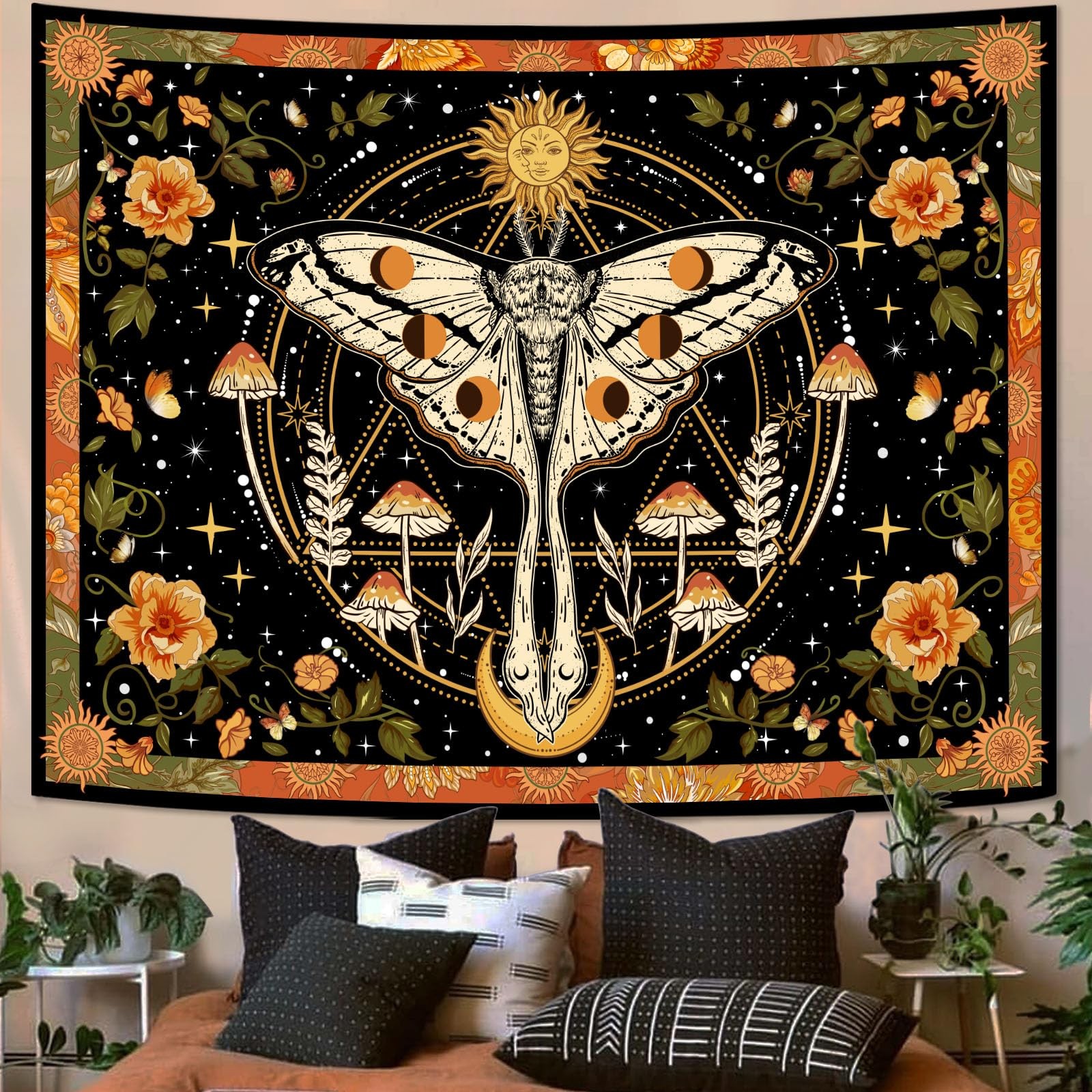 Tapestry Boho Floral Mushroom Aesthetic Vintage 40 L x 30 W Orange Aipon Moth gallery