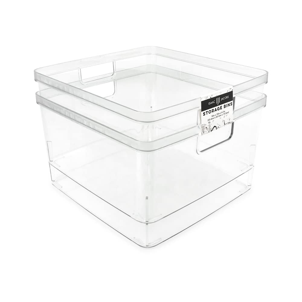 Isaac Jacobs 2-Pack Square Clear Storage Bins (10” L x 10” W x 6.1” H) w/Cuto...