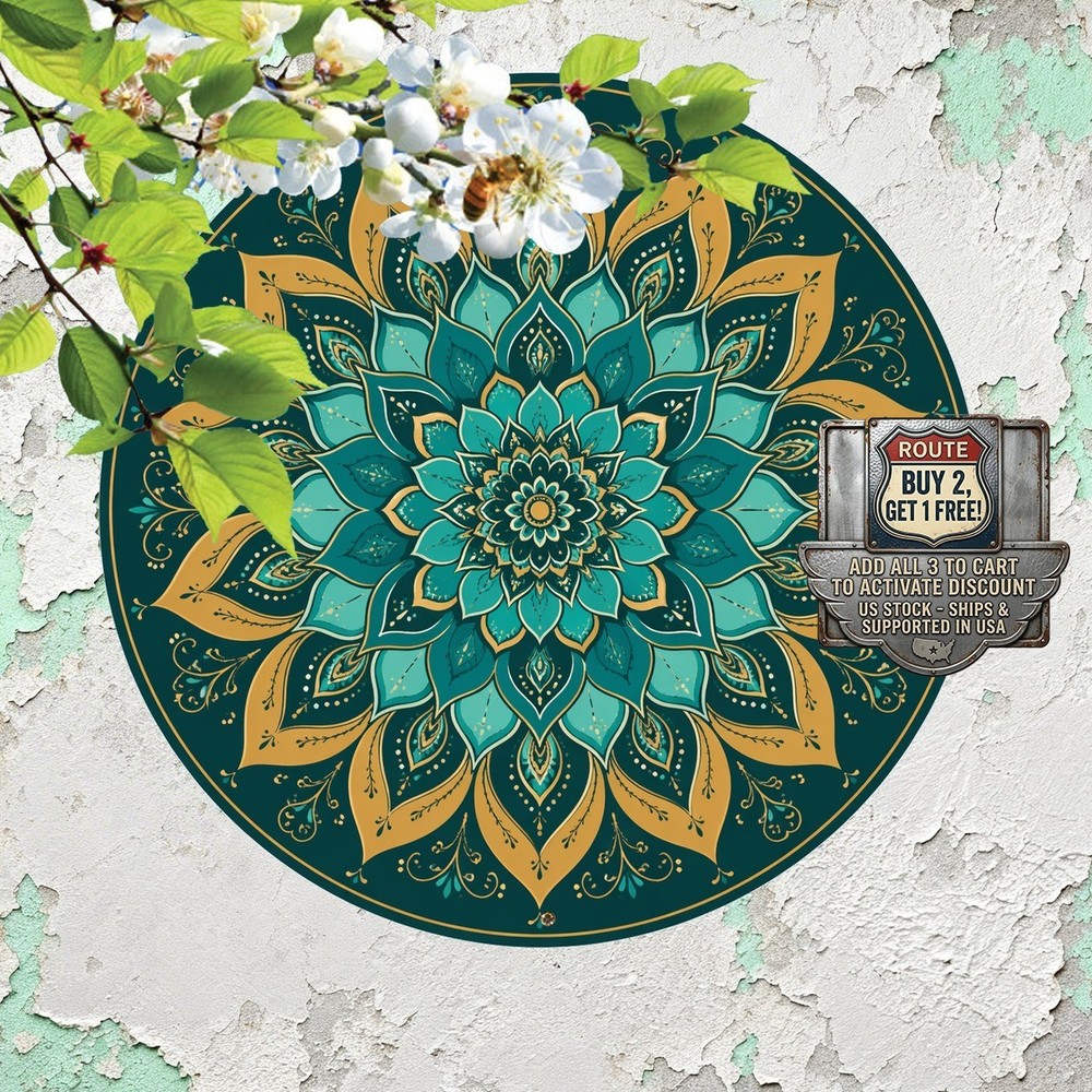 Mandala Lotus Pattern Teal Gold Radial Symmetry Metal Wall Art 8x8