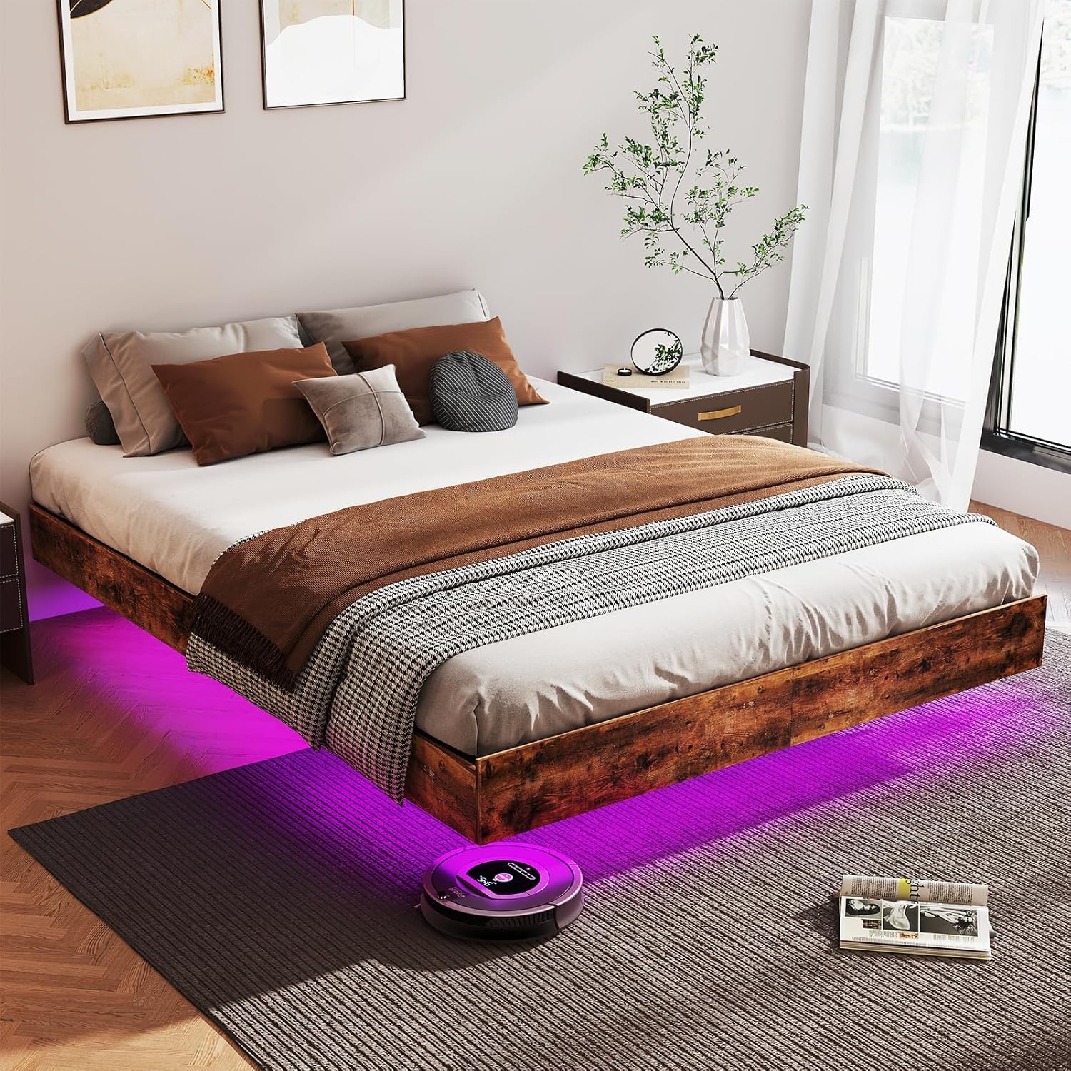 Floating Full/Queen/King Bed Frame with LED Lights, No Box Spring Needed gallery