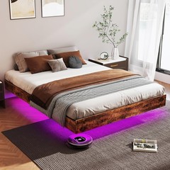 Floating Full/Queen/King Bed Frame with LED Lights, No Box Spring Needed