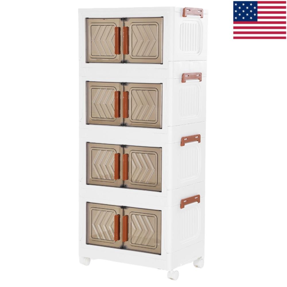4 Tier Stackable Storage Bins with Lids Doors Wheels Storage Drawer (Clear)