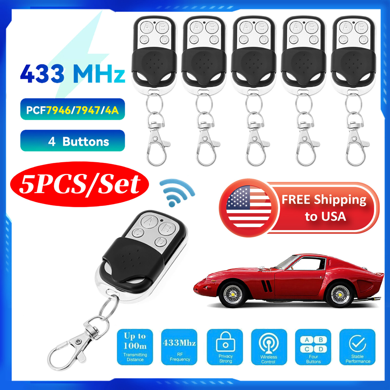 5 X Universal Garage Door Remote 433MHz Electric Cloning Control Key Fob Opener gallery