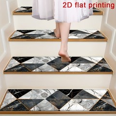 Black And Gray Marble Geometric Triangle Pattern 2D Flat Stair Mat, Non-Slip S