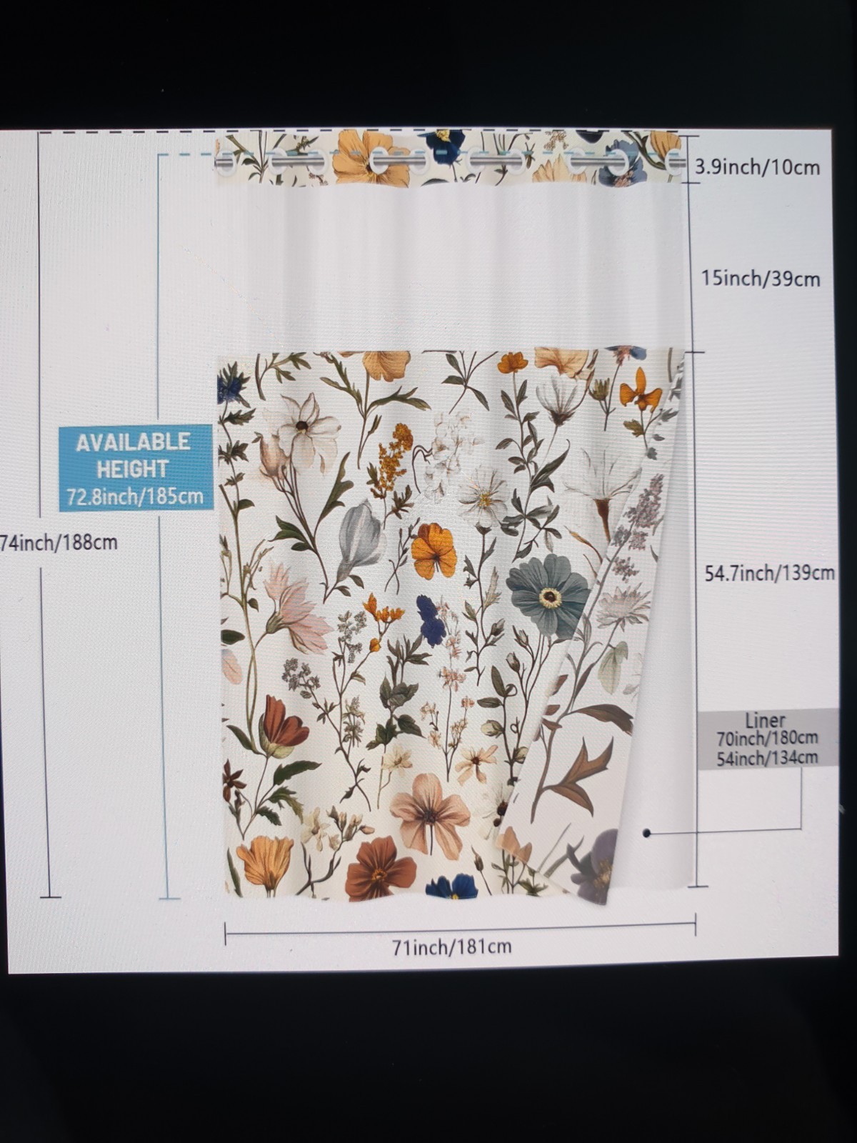 New Hookless Floral Shower Curtain with Snap-In Liner Mesh Window 71"x74" gallery