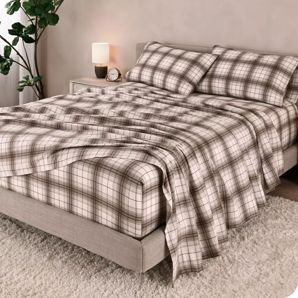 Bare Home Chesapeake Plaid Neutral Brown Full Size Flat Sheet ONLY 81 x 96 NWOT gallery
