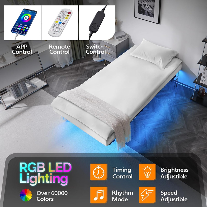 Twin Floating Bed Frame with USB Charging Station/LED Lights 14'' Platform Bed gallery