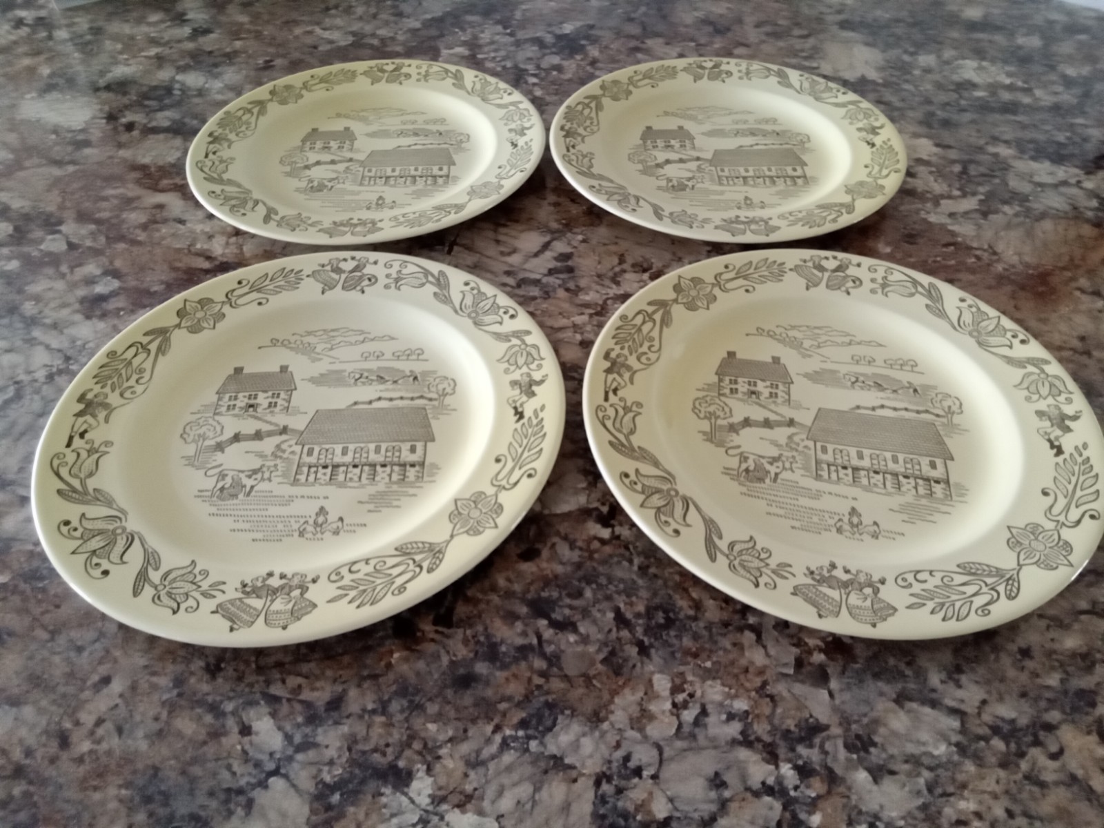 Bucks County 4 Dinner Plates 10" Royal Sebring Ohio Vintage Yellow Amish Farm gallery