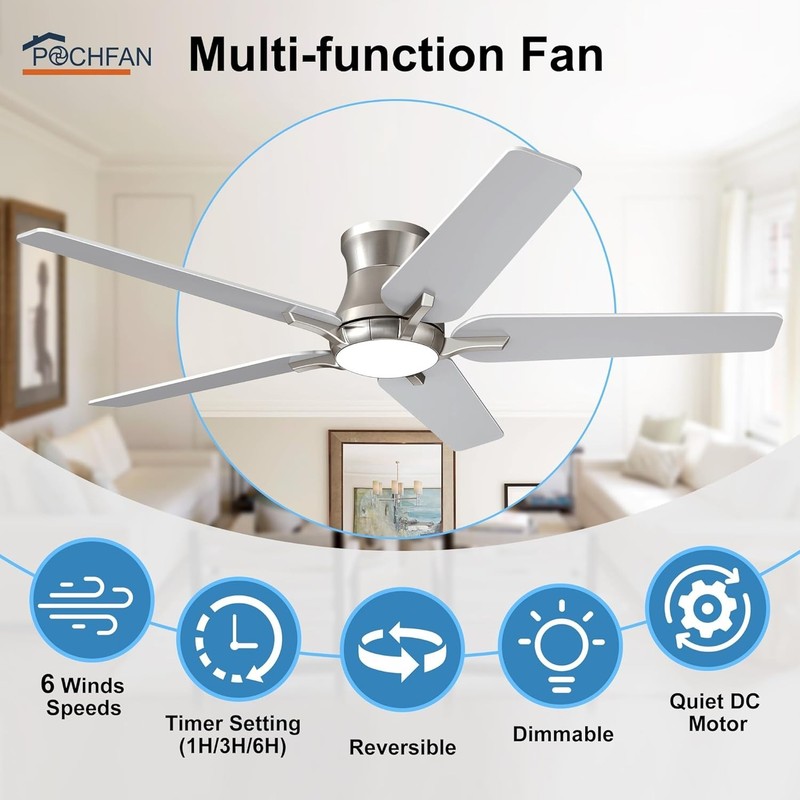 52 Inch Ceiling Fan with Lights Remote Brushed Nickel Flush Mount 6 Speeds gallery