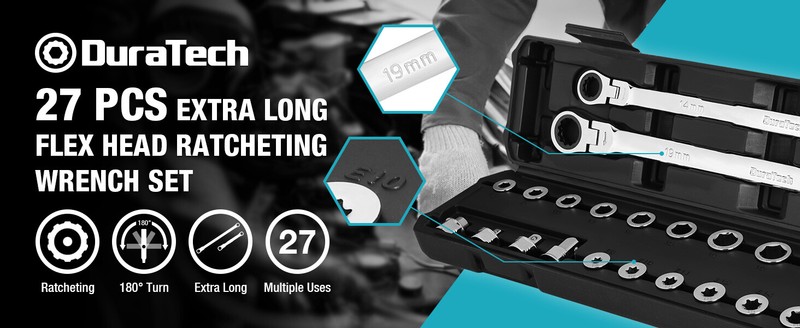 DURATECH 27PCS Extra Long Ratcheting Wrench Set Flex Head 8-22mm Socket Adapters gallery