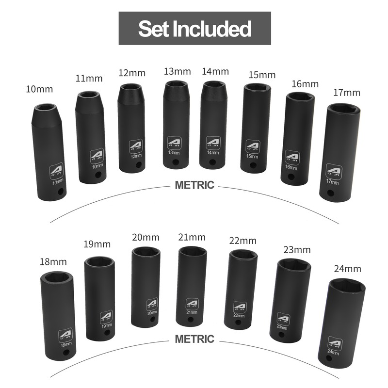 1/2”Drive Metric Deep Impact Socket Set,6-Point Design,16-Piece Set 10mm to 24mm gallery