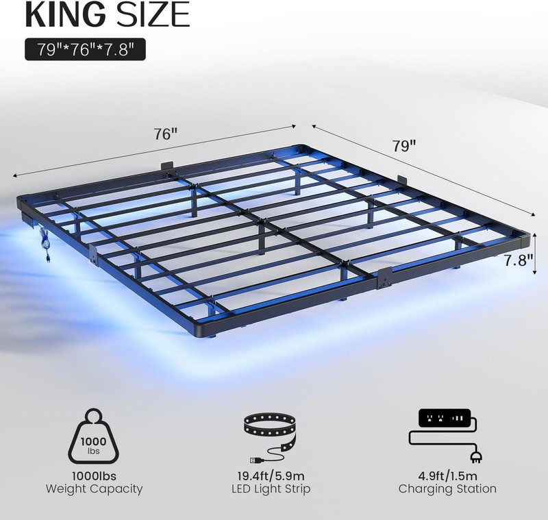 Size Floating Bed Frame, Metal Platform, with LED Light and Charging Station, No gallery