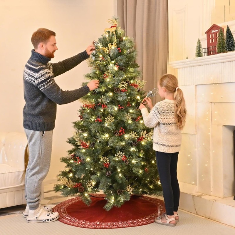 4-9 ft Prelit Artificial Christmas Tree Snow Tips Pinecone Xmas Tree w/ Lights gallery