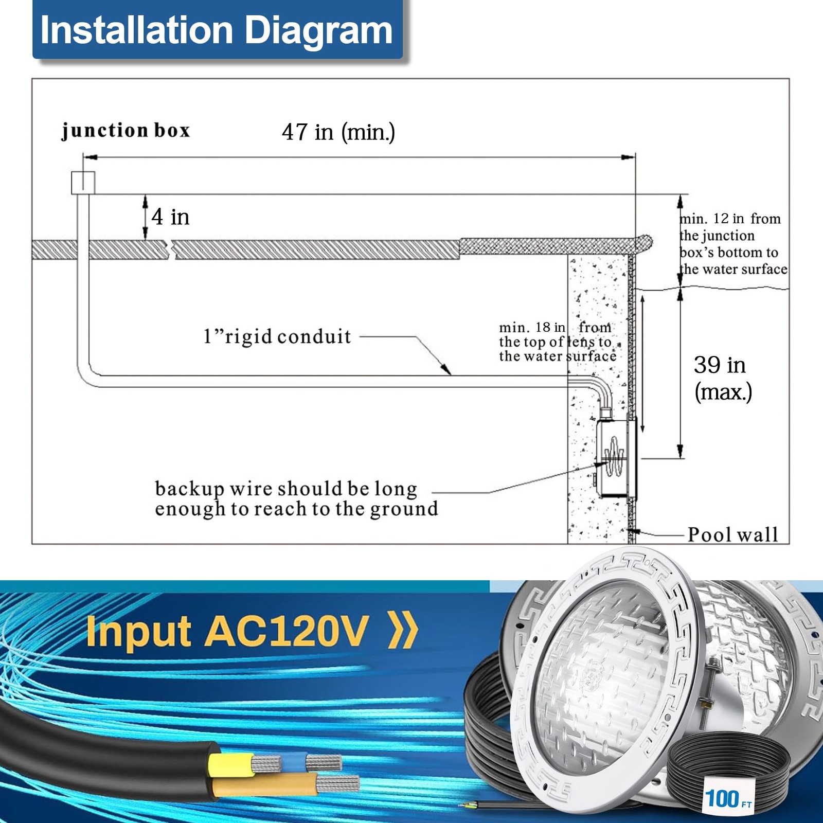 Pool Light 120V 10 IP68 Waterproof 100ft Cord 2x500W Incandescent 10-Inch Pools gallery