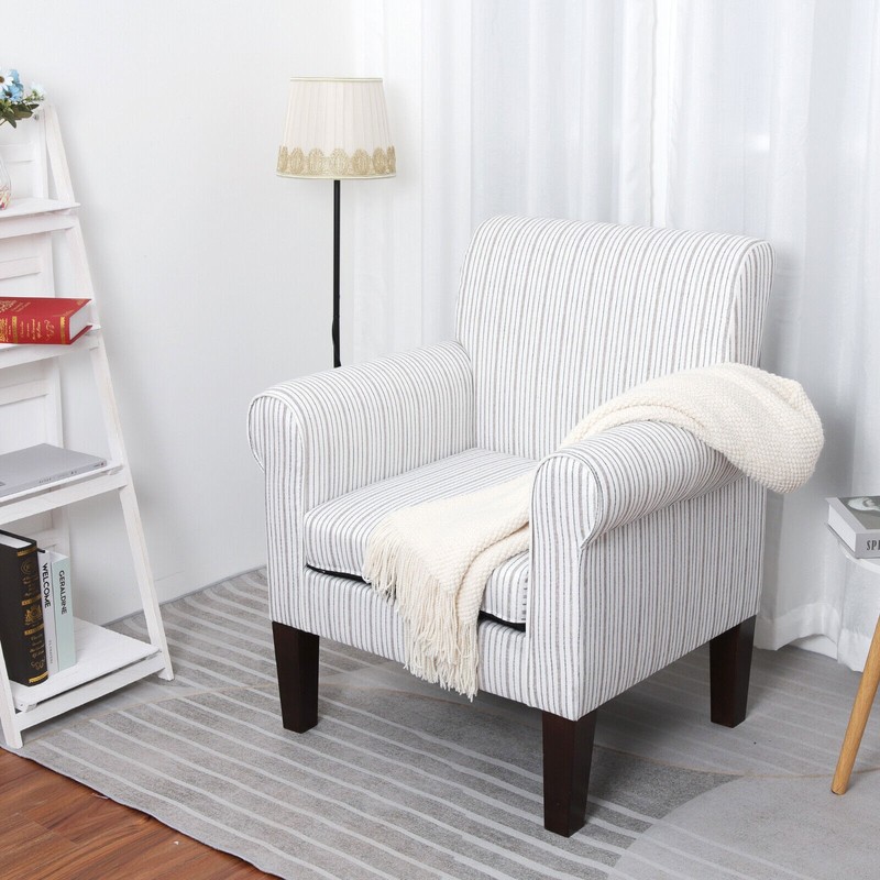 Accent Armchairs Stripe&Checkered Comfy Upholstered Sofa Chair w/Retro Wood Legs gallery