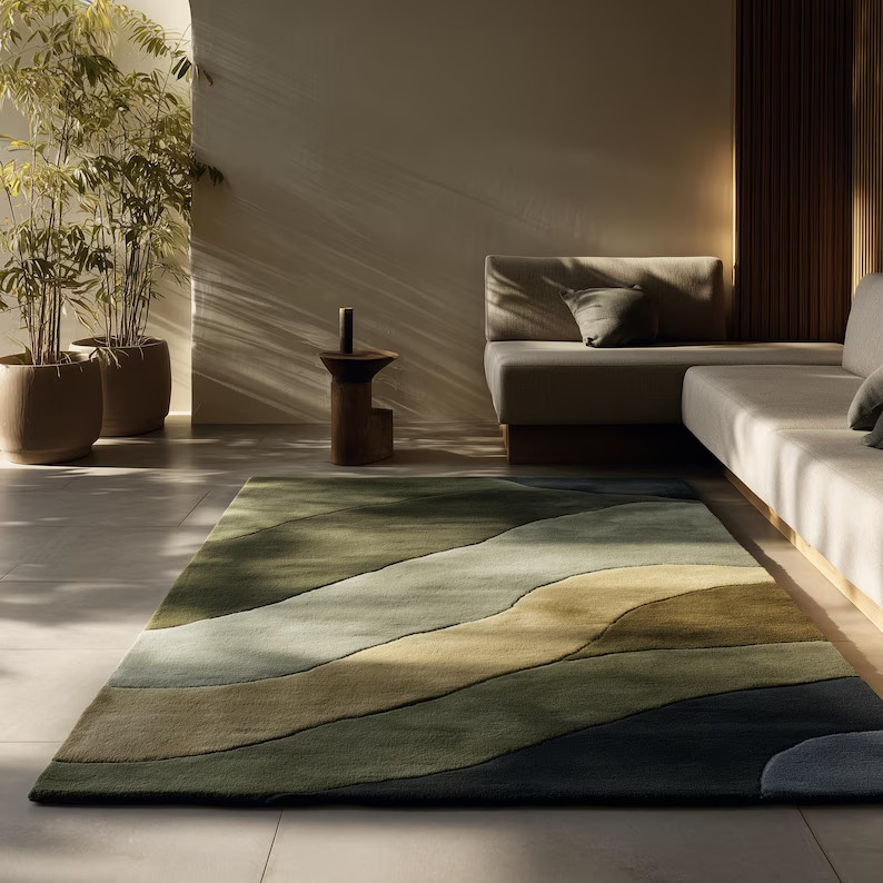 Hand Tufted Wool Rug – Nature Inspired Green Modern Area Rug, Abstract Landscape gallery