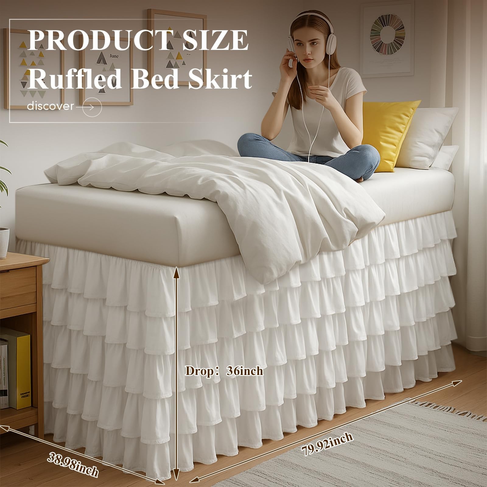 Extra Long Twin XL Bed Skirt - Multi Ruffled, 36'' Drop, Embroidered Dust Ruffle gallery