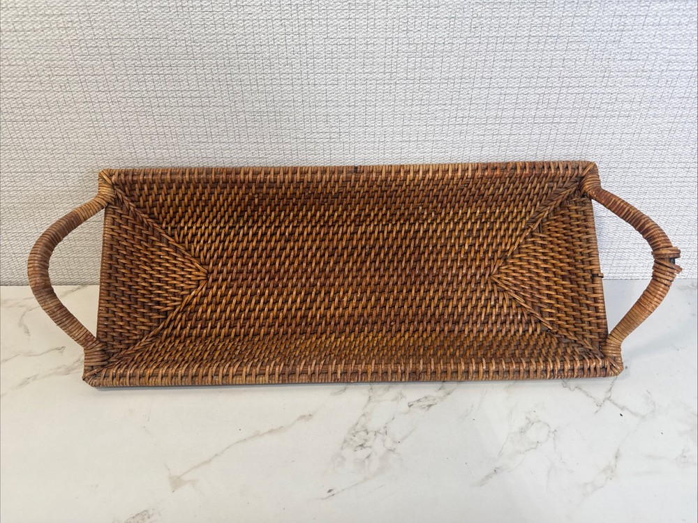 Pampered Chef Rectangular Woven Rattan Serving Tray Handles 17" MCM Tiki Picnic
