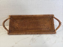 Pampered Chef Rectangular Woven Rattan Serving Tray Handles 17″ MCM Tiki Picnic