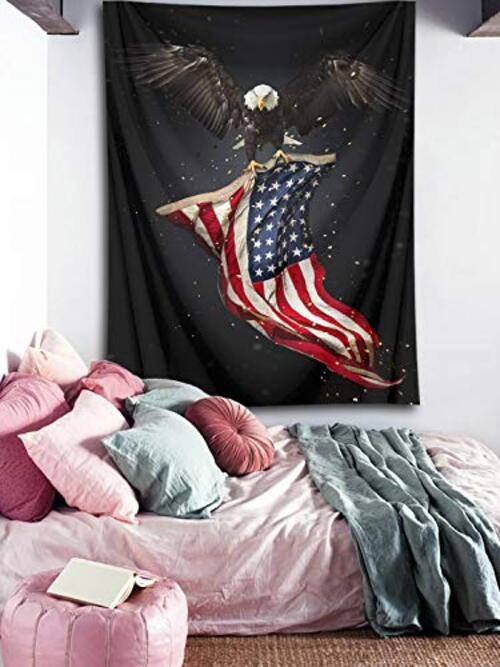 American Flag with Bald Eagle Tapestry Stars and Stripes 60"L x 40"W Black gallery