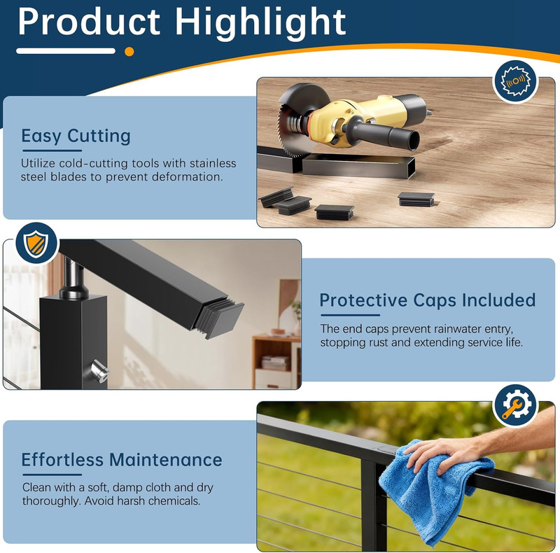 8Ftx2Inx1In Black Cable Railing Handrail 2 Pack, Stainless Steel T304 Rectangula gallery