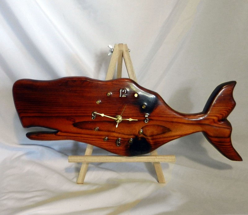 Vintage Handmade, Rustic Varnished Solid Wood Wall Clock Moby Dick Sperm Whale gallery