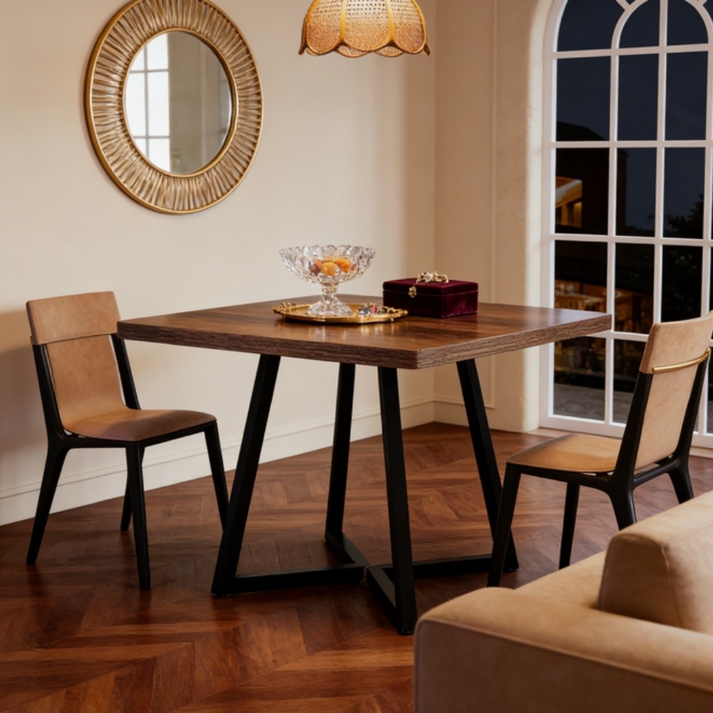 Industrial Square Dining Table Vintage Brown Wood Metal Frame for Kitchen