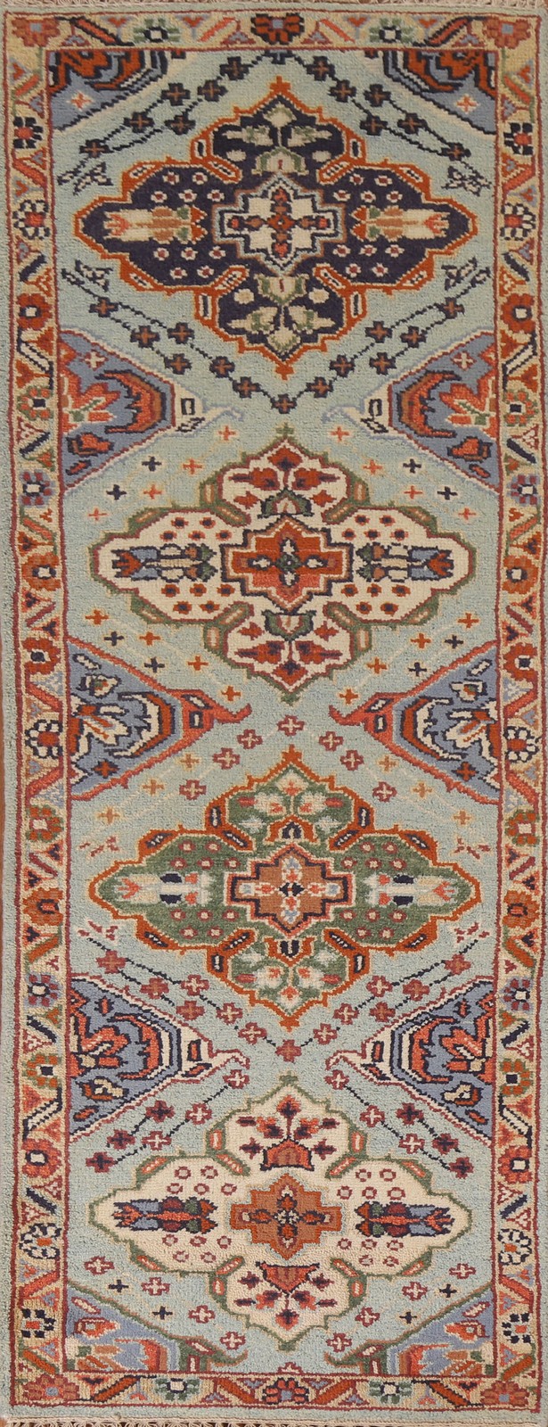 8 ft Oriental Runner Rug 3x8 Light Blue Wool Hand-made Geometric Hallway Carpet gallery