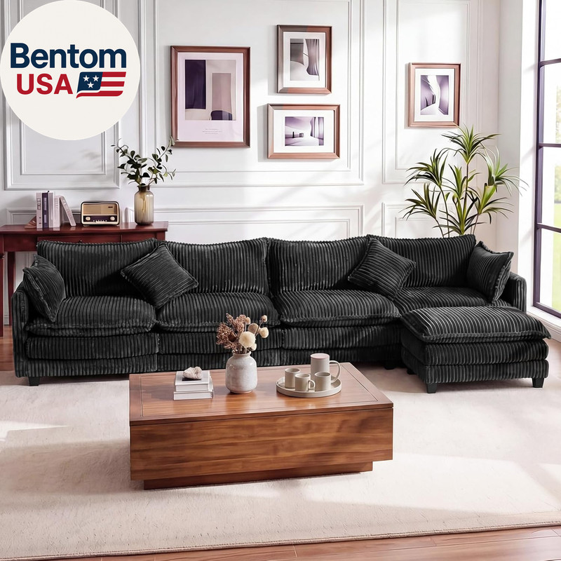 143" L Shaped Modular Sectional Couch, Comfy Corduroy Upholstered Cloud Couches gallery