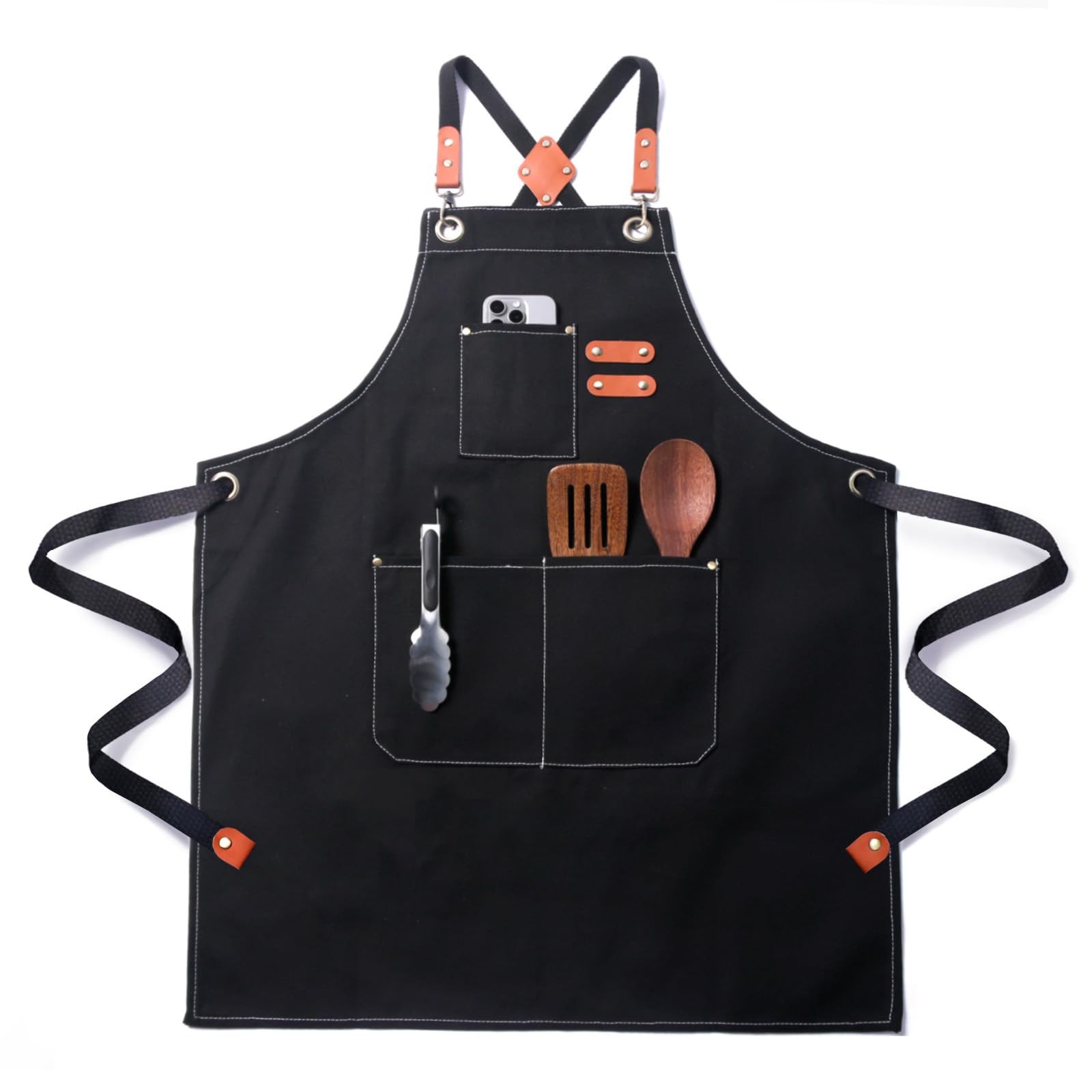 Chef Apron Pockets Cross Back Cotton Canvas Plus Size Cooking BBQ Baking (Black) gallery