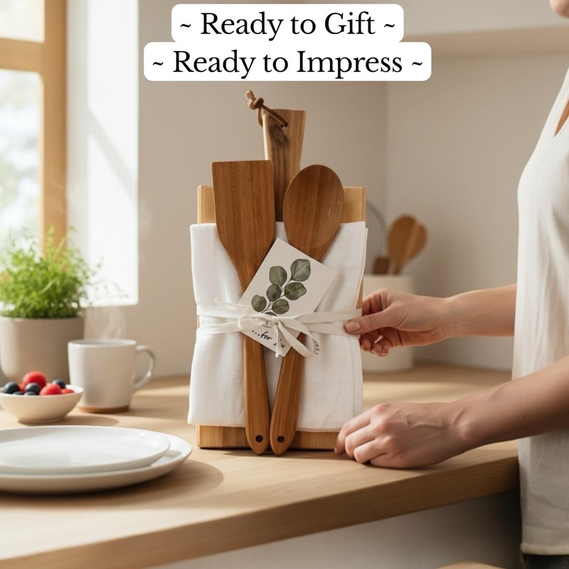 House Warming Gift Box Acacia Cutting Board Bamboo Utensils Kitchen Towel gallery