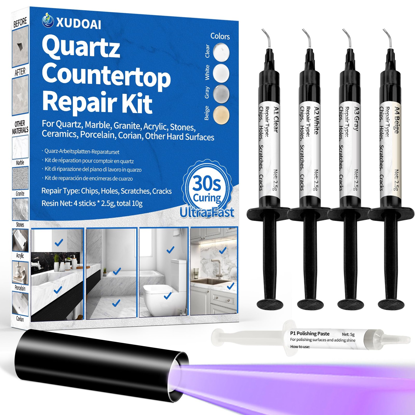 Quartz Countertop Repair Kit (Clear, White, Gray, Beige) 30S Fast Curing DIY Fix gallery
