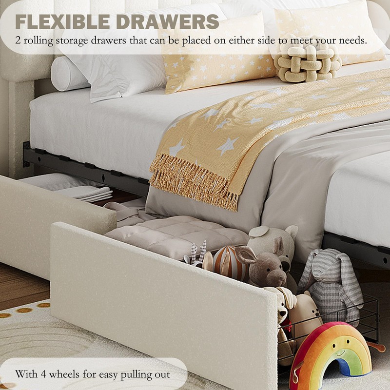 Twin Bed Frame Modern Headboard Boucle Upholstered Platform Bed with 2 Drawers gallery