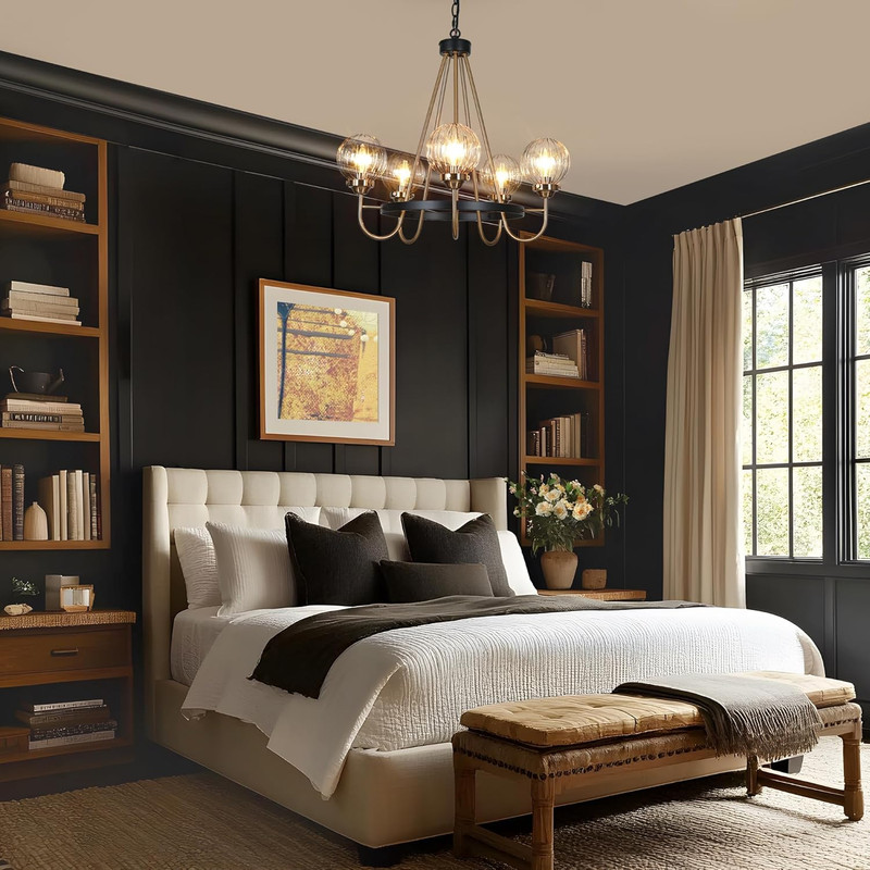 Modern 5-Light Black Gold Chandelier with Ribbed Glass for Dining & Living Room gallery