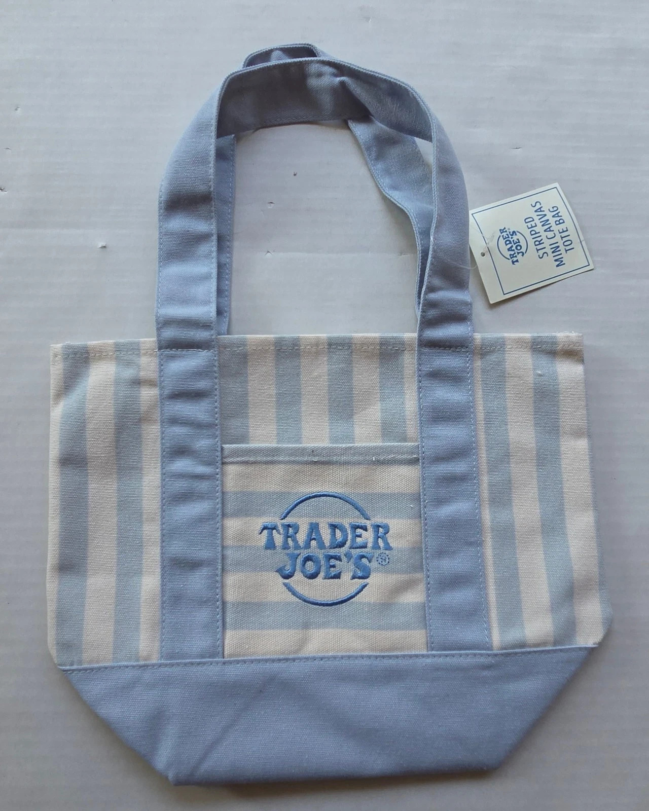 Trader Joe’s MINI Canvas Reusable Bag, with Off White or Tan, LIGHT BLUE STRIPES gallery