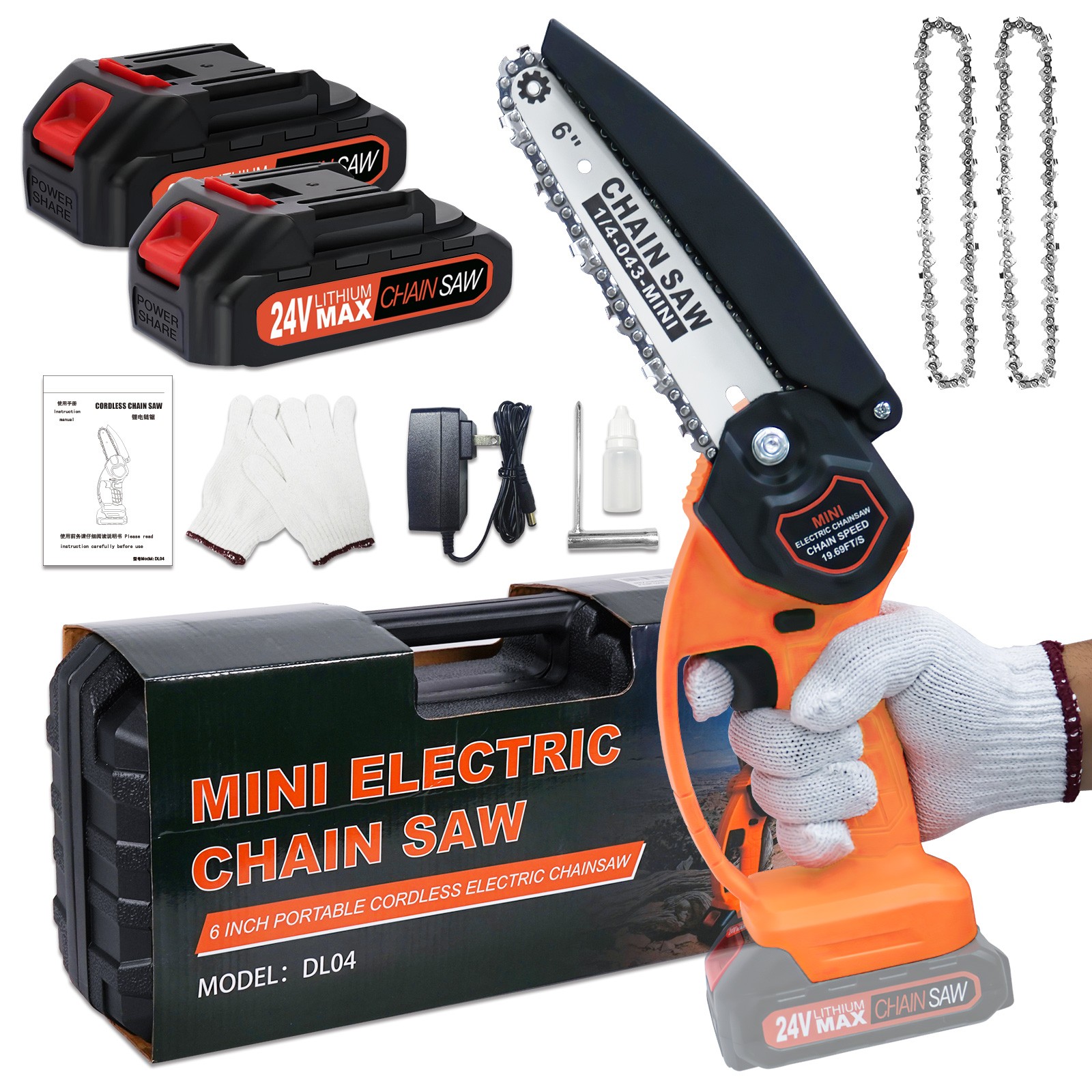 6 Inch Cordless Mini Chainsaw 24V Battery Powered with 2 Batteries& 2 Chains gallery