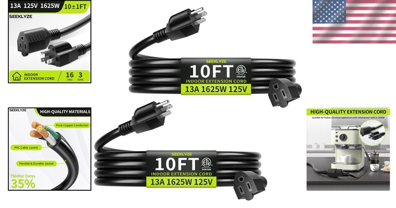 Extension Cord Black 10ft 2Pack 13A 1625W Indoor Power Cable for Laptops Coff... gallery